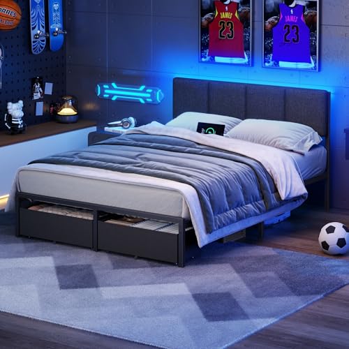 Full Size Platform Bed Frame with LED Headboard, Storage Drawers & USB