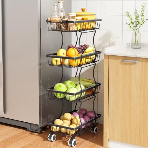 4-Tier Stackable Fruit Basket Stand, Rolling Wire Storage Cart for Kitchen