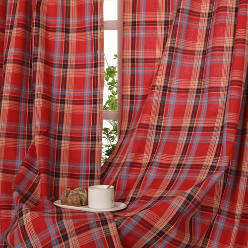 Red Check Plaid Farmhouse Curtains 2 Panels 52x84 Inches Scottish Tartan Light Filtering Drapes