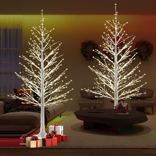 Set of 2 4FT Birch Tree with 500 Warm White LEDs - White Trees, 2-Pack, Auto Timer (6H/18H)