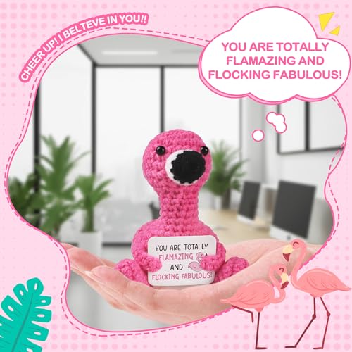 Handmade Positive Flamingo Crochet Plush Doll with Motivational Card