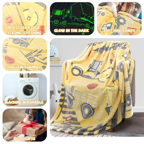 Glow in the Dark Tractor Blanket for Kids, 50" x 60" Construction Throw