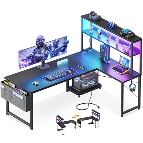 53-Inch L-Shaped Gaming Desk with LED Lights, Power Outlets & Storage