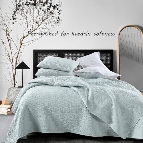 Aqua Blue Queen Quilt Set - 3-Piece Pre-Washed Microfiber Bedspread