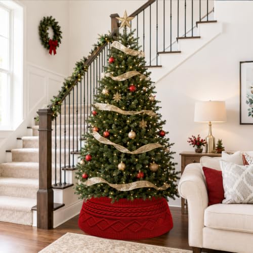 UXORSN 28 Inch Red Knitted Christmas Tree Collar Rustic Cable Knit Tree Skirt
