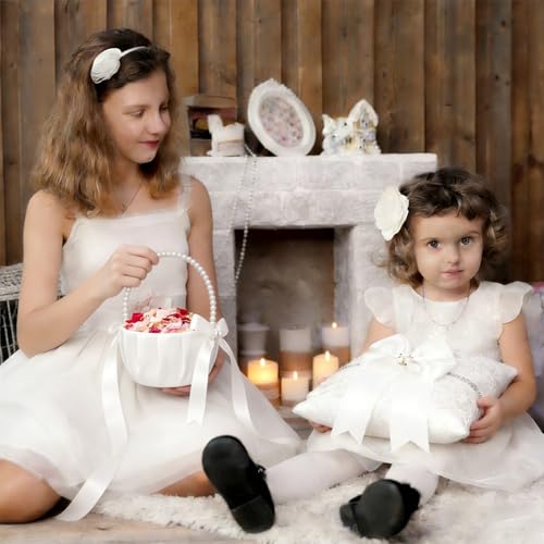 3-Piece Wedding Flower Girl Basket and Ring Bearer Pillow Set, Ivory Satin