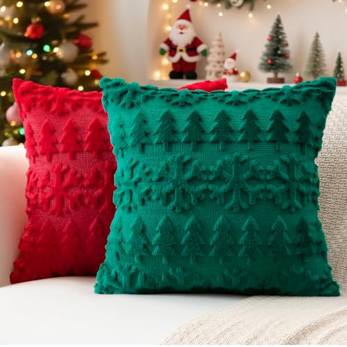 Artscope 20x20 Inch Christmas Pillow Covers Set of 2 – Red & Green Snowflakes