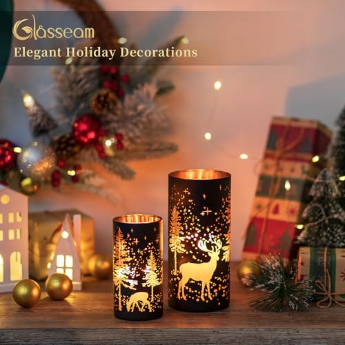 Glasseam Christmas 2-Pc Black Candle Holders Set for Pillar Candles with Moose Forest Pattern (Variation: Christmas)