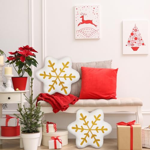 Soaoo Gold Snowflake Throw Pillows, 2-Pack Sherpa 13.8in Cushions for Sofa/Bed