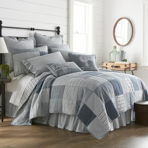 Twin Size Reversible Cotton Patchwork Quilt - Blue Farmhouse Design
