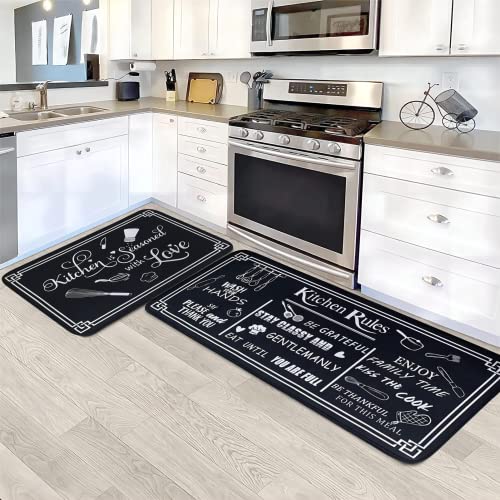 Black and White Kitchen Rug Set, 2-Piece Cushioned Non-Slip Runner Mats