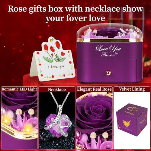 Lebana Preserved Purple Rose with Heart Necklace for Women, Mom, Girlfriend, Anniversary Gift