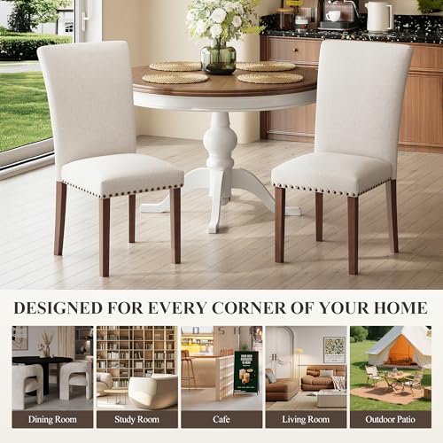 Upholstered Dining Chairs Set of 4, Beige Linen Parsons Chairs with Nailhead