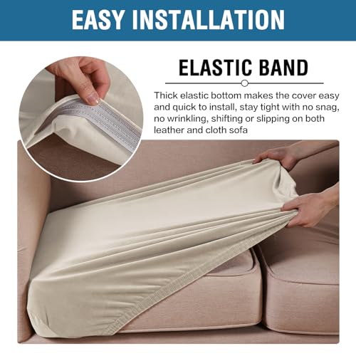 Velvet Stretch Sofa Cushion Covers - 3-Piece Plush Furniture Protector (Ivory)
