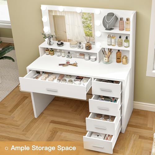 White Makeup Vanity Desk with Lighted Mirror, 5 Drawers & Storage Shelves