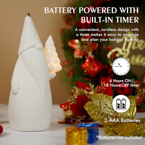 Lighted White Ceramic Christmas Gnome Figurine with Timer, 7.5-Inch