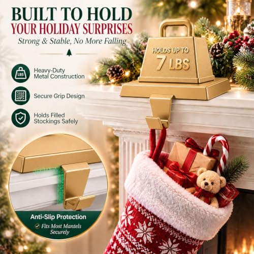 Set of 4 Heavy Duty Christmas Stocking Holders with Non-Slip Base - Gold