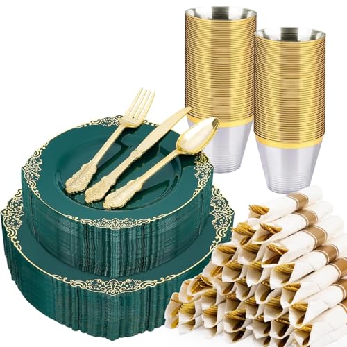 Realluck 350-Piece Green and Gold Disposable Dinnerware Set for 50 Guests - Elegant Tableware for Parties and Events