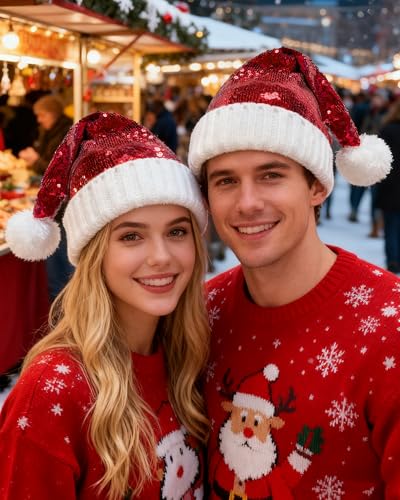 Sequin Knit Santa Hat for Adults - Bling Christmas Party Hat
