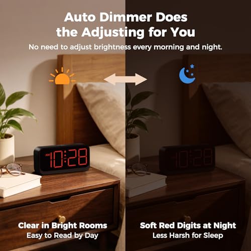 Battery Operated Digital Alarm Clock with Large Red Digits & Auto Dimming