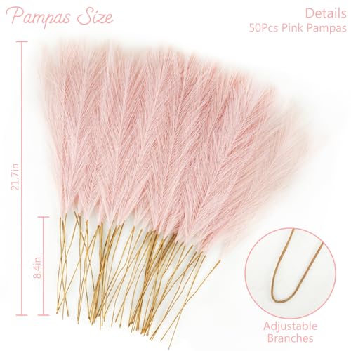 50pcs Pink Artificial Pampas Grass, 21.6-Inch Faux Floral Branches