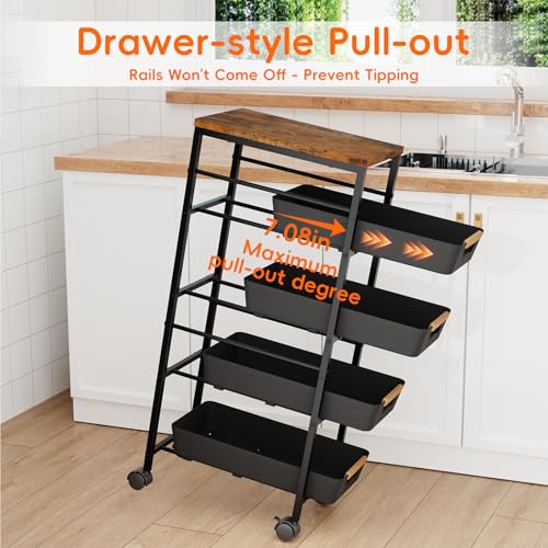 5-Tier Slim Rolling Storage Cart with Wooden Top and Pull-Out Baskets