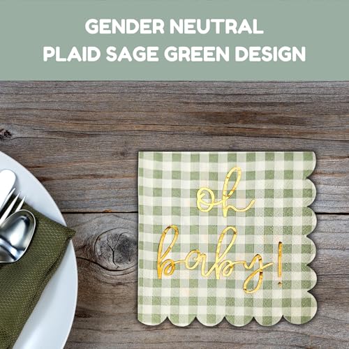 Sage Green and Gold Foil Baby Shower Napkins - 50 Pack 'Oh Baby' Decorations