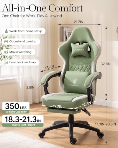 Ergonomic Fabric Gaming Chair with Footrest, Pocket Spring Cushion, Green