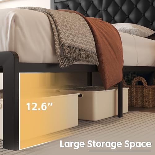 Queen Size Upholstered Platform Bed Frame with Headboard and Storage
