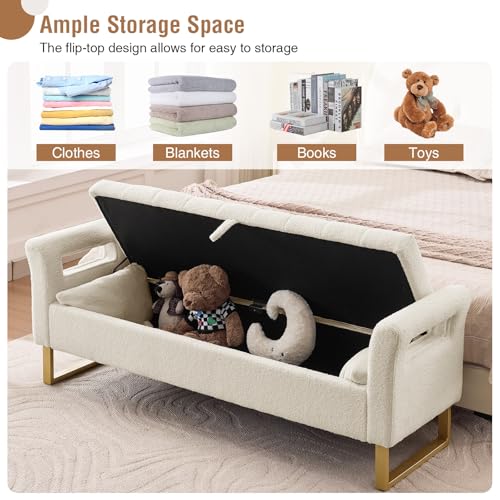 66-Inch Teddy Fabric Storage Bench for Bedroom with Gold Legs and 2 Pillows