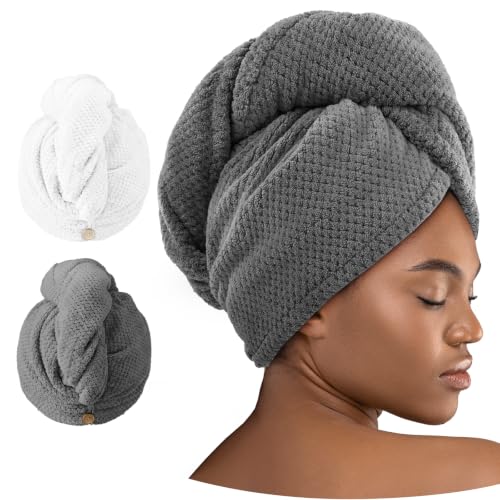Umisleep 2-Pack Microfiber Hair Towels for Thick, Curly Hair - Grey & White, 400 GSM