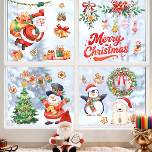 Christmas Santa Snowman Window Clings No Glue Holiday Decor - Santa Claus Variation