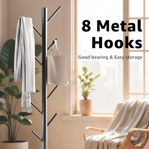 Freestanding Coat Rack with Marble Base, 8-Hook Metal Coat Tree, Adjustable