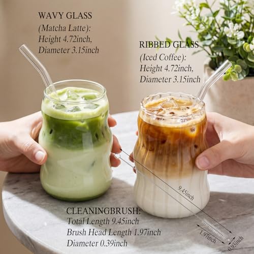 8 Pc Ribbed Glass Cup Set with Straws, 18 oz Vintage Iced Coffee Glasses