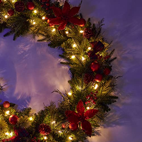 9Ft Red Poinsettia Christmas Garland with Lights - Pre-lit Holiday Decor for Indoor Outdoor, Plug-In, AMERZEST