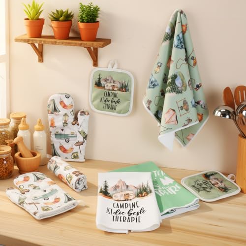 8-Piece Camping Kitchen Set: 4 Microfiber Towels, 2 Oven Mitts, 2 Pot Holders