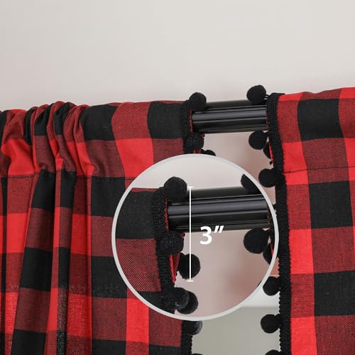 2 Pack Buffalo Plaid Window Curtains for Living Room - 52 x 96 Inch Red Black Check Rustic Farmhouse Decor with Pom-poms
