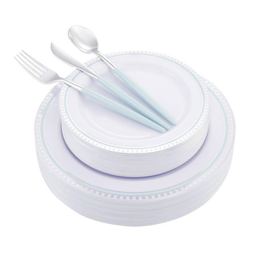 COLOSUS 125pcs Disposable Silver Blue Plastic Plates and Silverware .Light baby blue dinnerware party set include 25 Dinner Plate 25 Dessert Plate 75 silverware for Easter day Party Dinner