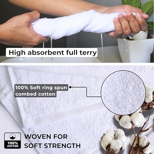 Soft 100% Cotton Washcloths - 12x12 Inch White Terry Towels, 6 Pack