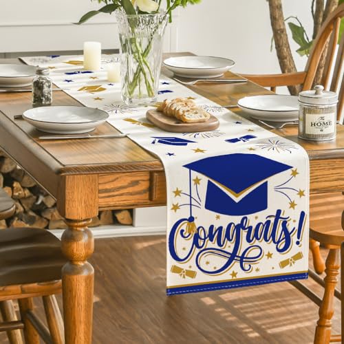 Artoid Mode Blue Congrats Diploma Cap Graduation Table Runner 13x36 inch