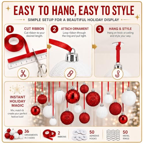 Relaxgiant 36 Pcs Christmas Ceiling Decorations - Red & White Ornaments Set