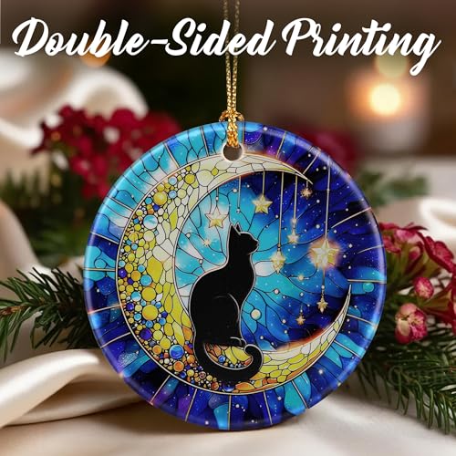 Jocidea Black Cat-moon Christmas Ornament – Ceramic Holiday Decor, Gift Boxed