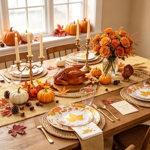 GATHER Thanksgiving Gold Plastic Plates Set with Gold Maple Leaves & Pumpkins