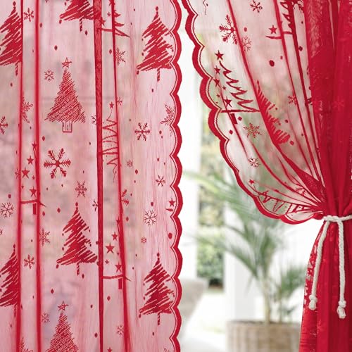 KYMRose 52x95 Inch Christmas Lace Curtains 2 Panels Red Tree Weave Rod Pocket