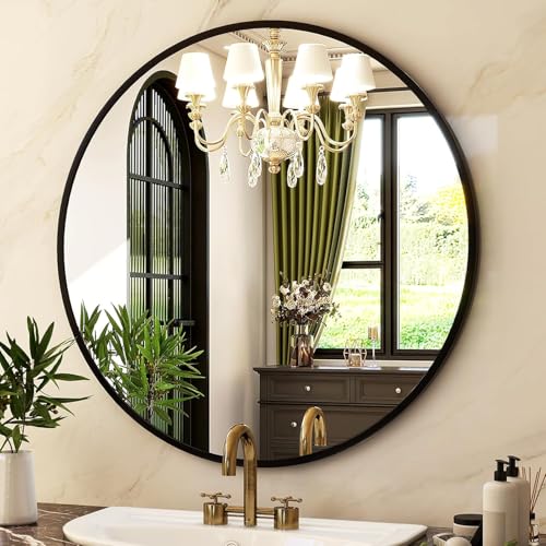30-Inch Round Wall Mirror with Black Aluminum Alloy Frame