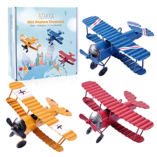 Vintage Metal Airplane Model Ornaments 3-Pack, Mini Hanging Biplanes