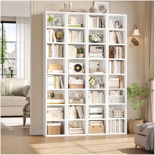 8-Tier Tall Narrow Bookshelf, White Slim Media Storage Tower with Adjustable Shelves