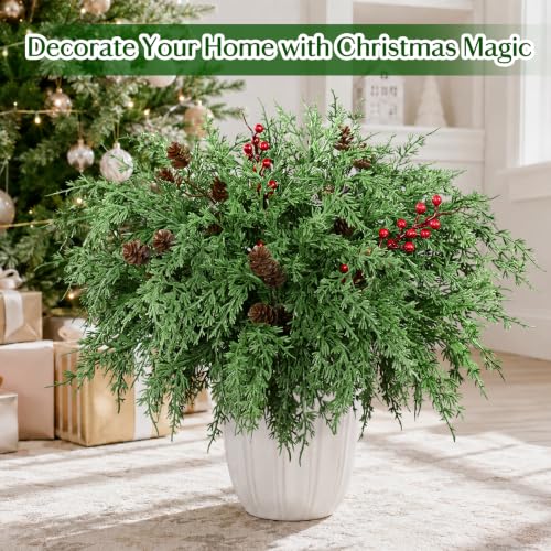 18Pcs Cedar Pine Stems with Berries & Pinecones – Norfolk Pine Christmas Picks (14 stems, 2 berries, 2 cones) by Dolicer