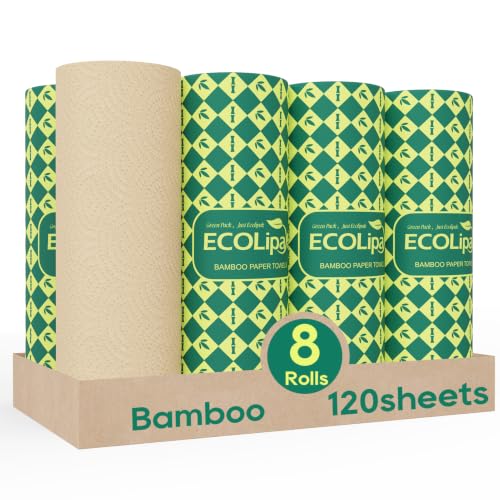 ECOlipak Bamboo Paper Towels Brown - 8 Rolls, 2-Ply, Eco-Friendly, Absorbent