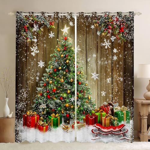 Erosebridal Christmas Tree Blackout Curtains 2 Panels 42x63 inches, Snowflake Design, Red Green Brown White, Xmas Lights Decor